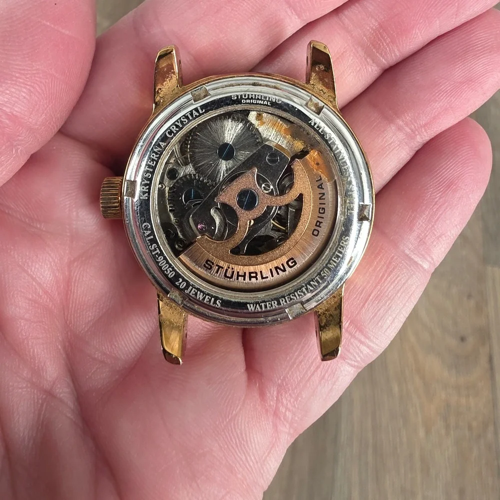 Stuhrling Original Mens Skeleton Automatic Watch Gold Tone ST-90050 Black Dial